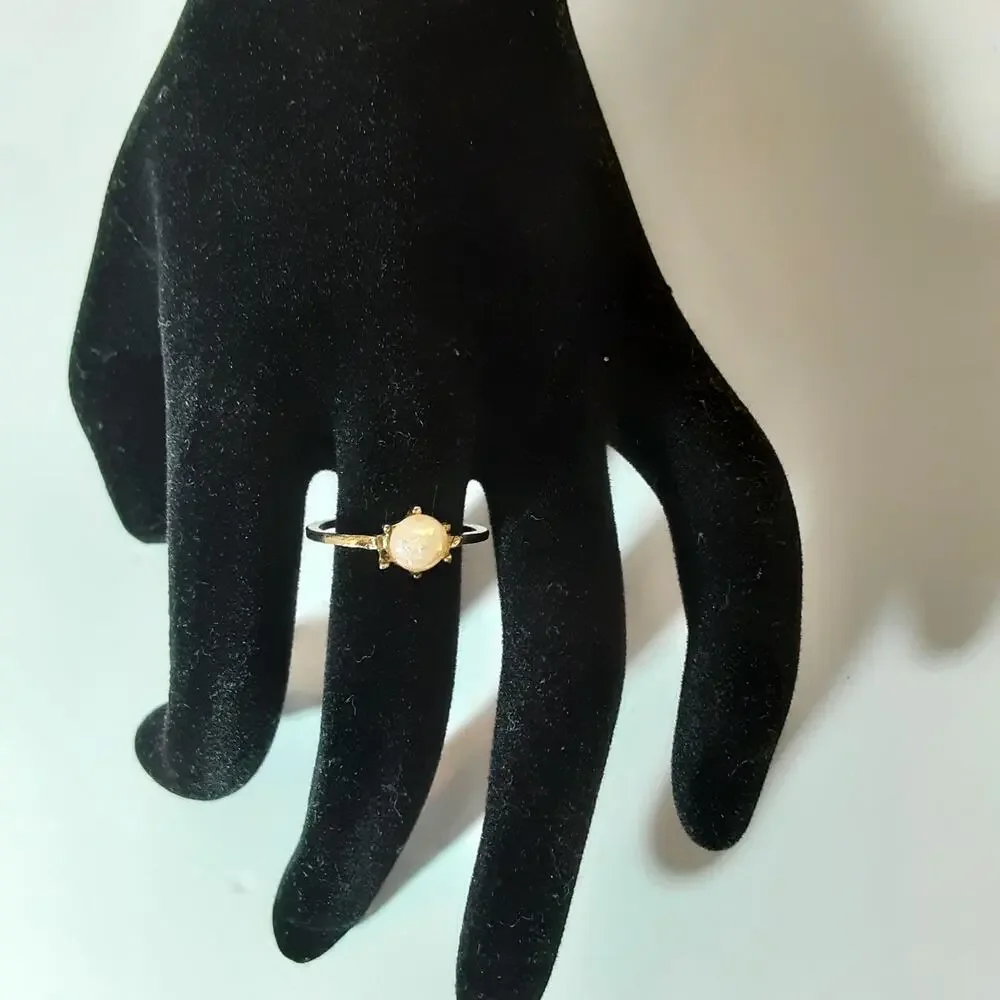 Delicate Opalesque Solitary Stone Prong Ring Gold Tone Band Size 7.10